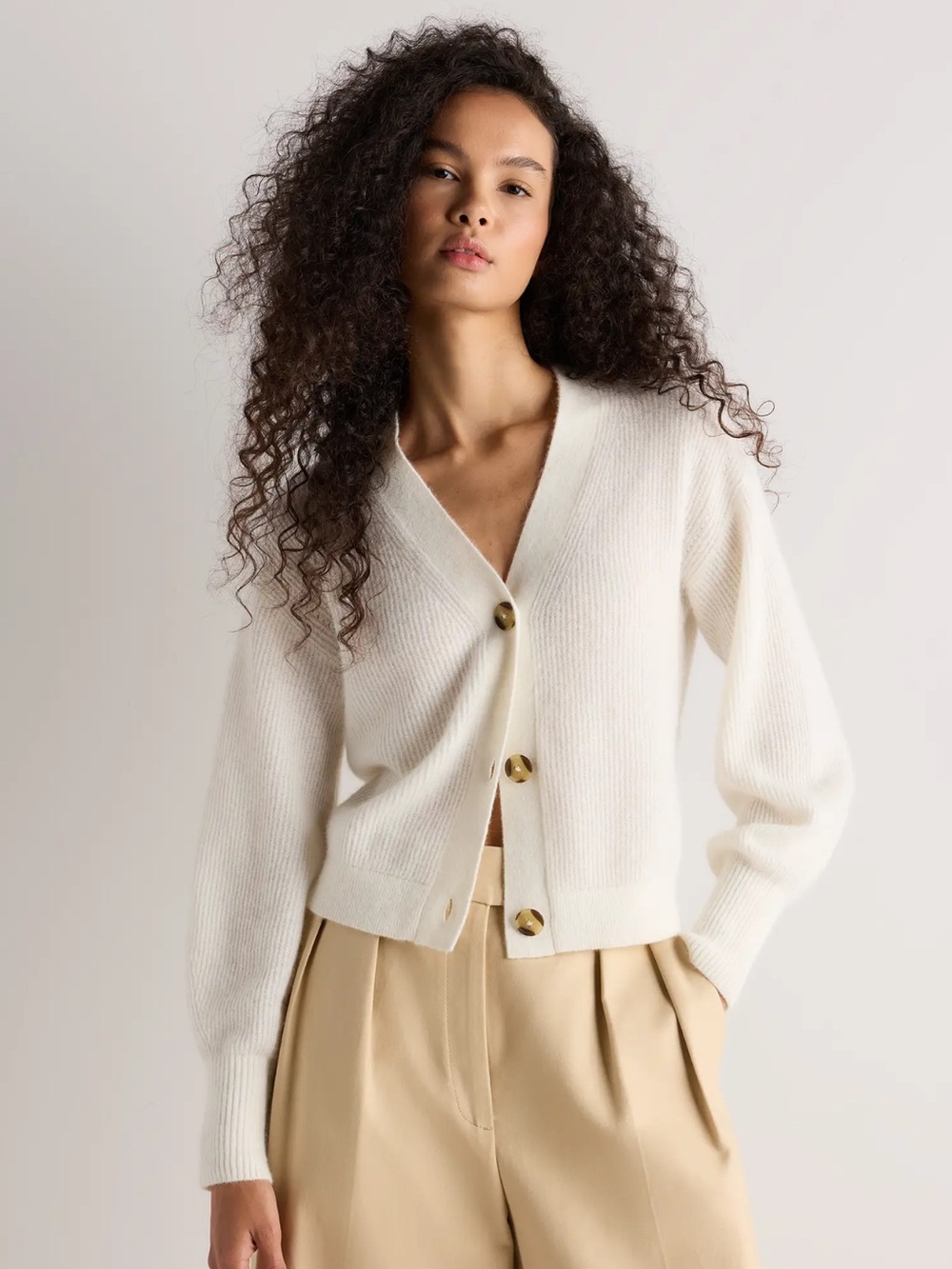 Quince Baby Alpaca Wool Cropped Button Cardigan Sweater Size L Ivory Lightweight
